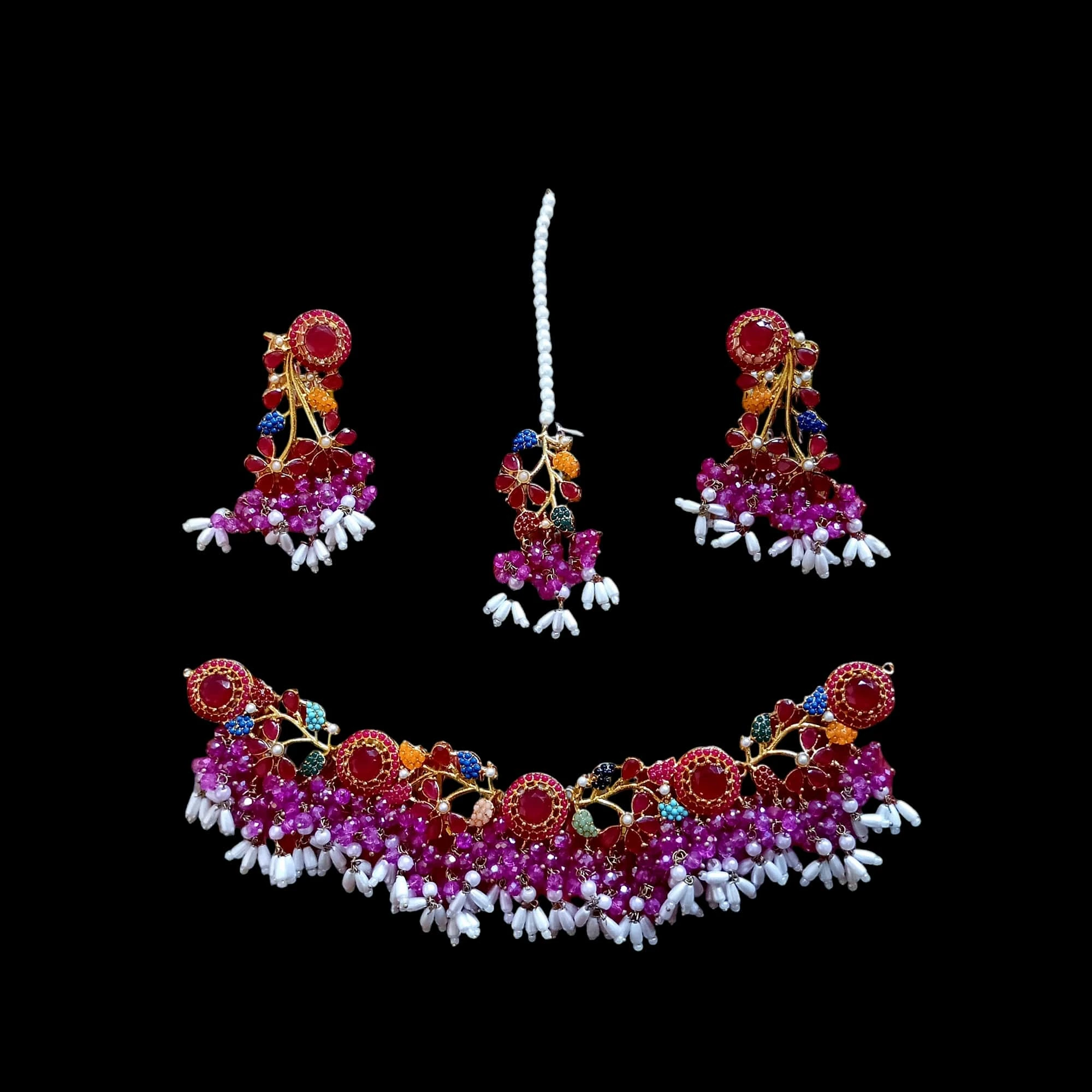 Buy multi colour jewellery set with necklace , earrings and tikka at best price in pakistan